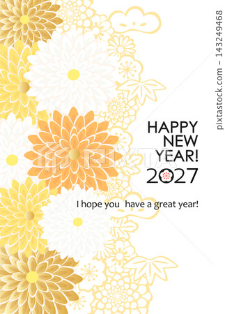 一張以鮮豔的菊花和日本植物圖案為特色的2027年新年賀卡。 143249468