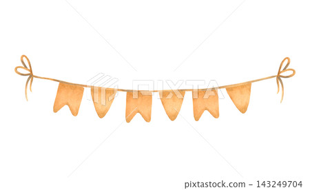 Brown garland with flags in watercolor style. Hand-drawn isolated clipart festive ribbon. Vintage carnival garland for Christmas, New Year or baby shower invitations. Children's party. Brown garland with flags in watercolor style. Hand-drawn isolated clipart festive ribbon. Vintage carnival garland for Christmas, New Year or baby shower invitations. Children's party. 143249704