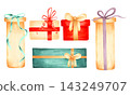 Collection of gift boxes adorned with bows. Hand-draw watercolor illustration. For New Year and holiday designs, decorating greeting cards and invitations for Christmas and the winter holidays. 143249707