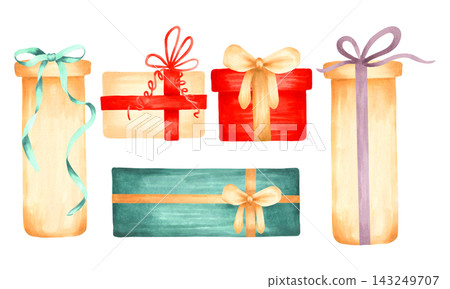 Collection of gift boxes adorned with bows. Hand-draw watercolor illustration. For New Year and holiday designs, decorating greeting cards and invitations for Christmas and the winter holidays. Collection of gift boxes adorned with bows. Hand-draw watercolor illustration. For New Year and holiday designs, decorating greeting cards and invitations for Christmas and the winter holidays. 143249707