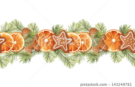 Hand-drawn Christmas seamless horizontal border with pine, orange, and gingerbread Hand-drawn Christmas seamless horizontal border with pine, orange, and gingerbread 143249781