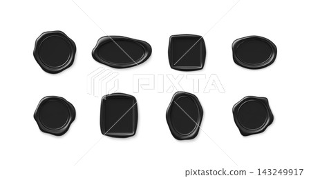 3D realistic black wax seal collection vector set, vintage stamp different shapes, envelope closure certificate approval 3D realistic black wax seal collection vector set, vintage stamp different shapes, envelope closure certificate approval 143249917