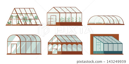Greenhouse element set with glasshouse garden illustrations Greenhouse element set with glasshouse garden illustrations 143249939