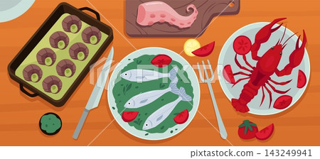 Seafood restaurant background with fish lobster and shrimp Seafood restaurant background with fish lobster and shrimp 143249941