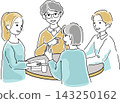 An illustration of four people having a pleasant conversation at a table. 143250162