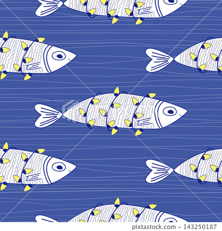 Seamless Pattern of funny Sardines wrapped in Christmas lights. Holiday fish shoal background, vector illustration Seamless Pattern of funny Sardines wrapped in Christmas lights. Holiday fish shoal background, vector illustration 143250187