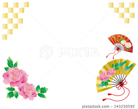 A gorgeous peony and golden fan New Year's Japanese style frame material A gorgeous peony and golden fan New Year's Japanese style frame material 143250595