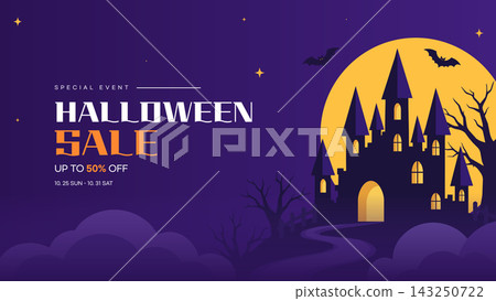 Halloween sale template featuring a haunted castle under a full moon with bats and dark trees Halloween sale template featuring a haunted castle under a full moon with bats and dark trees 143250722