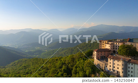 Castelmonte Sanctuary Aerial View Ancient Citadel Monastery Italy Castelmonte Sanctuary Aerial View Ancient Citadel Monastery Italy 143250847