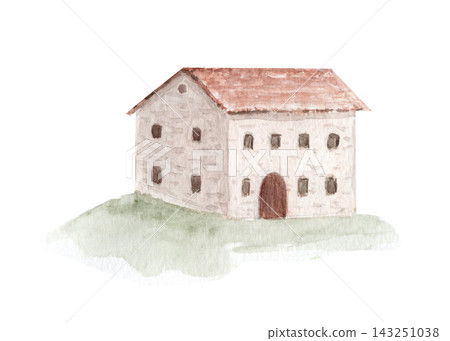 Rustic winery building with pale stone walls, red tiled roof, small windows, arched wooden door watercolor illustration. Hand painted rural architecture for vineyard, wine country, countryside designs Rustic winery building with pale stone walls, red tiled roof, small windows, arched wooden door watercolor illustration. Hand painted rural architecture for vineyard, wine country, countryside designs 143251038