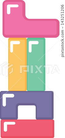 Colorful pastel tower brick toy stack for fun play children game, geometric structure building 143251206
