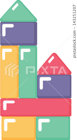 Colorful pastel tower brick toy stack for fun play children game, geometric structure building 143251207