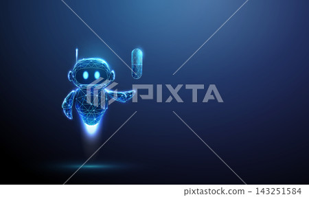 3D blue robot holding a medical pill. Pharmacy, medicine, healthcare, drug dose treatment, medical prescription, health wellness therapy, pharmaceutical concept 143251584