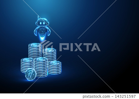 3D blue coins and robot. Wealth control, investment planning, ai advisor, portfolio strategy, passive savings, financial forecast, asset growth, prosperity concept 143251597