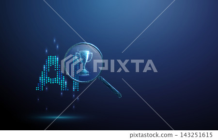 3D blue magnifying glass with trophy and AI. Artificial intelligence, machine learning, neural network, big data, model training, algorithm development, research concept 3D blue magnifying glass with trophy and AI. Artificial intelligence, machine learning, neural network, big data, model training, algorithm development, research concept 143251615