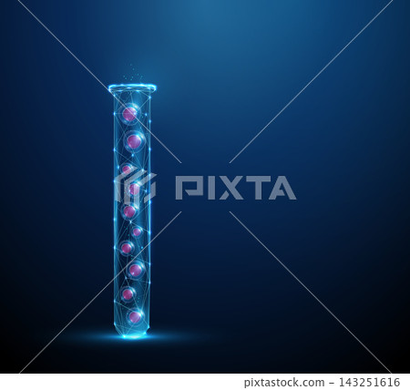 3D blue test tube with cells. Laboratory analysis, medical research, microbiology, diagnostics, cell culture, biotechnology, experiment, specimen, biology concept 3D blue test tube with cells. Laboratory analysis, medical research, microbiology, diagnostics, cell culture, biotechnology, experiment, specimen, biology concept 143251616