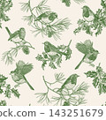 Seamless green pattern with robins, pine, holly. 143251679