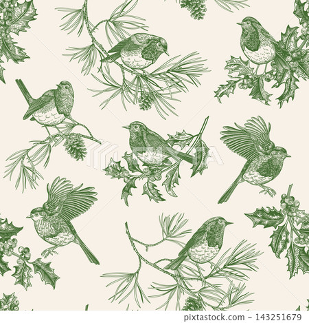 Seamless green pattern with robins, pine, holly. Seamless green pattern with robins, pine, holly. 143251679
