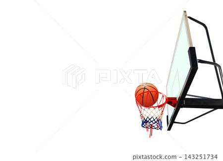 Winning Shot Basketball Ball Falling into the Hoop Isolated on White Background. Winning Shot Basketball Ball Falling into the Hoop Isolated on White Background. 143251734