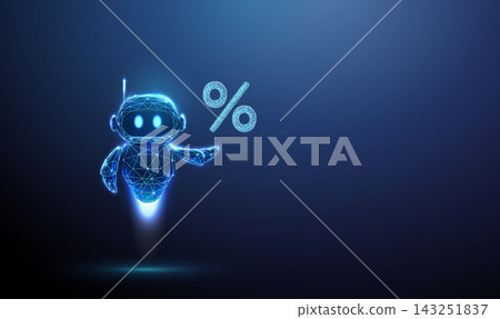 3D blue robot holding a percent sign. Discount sale, interest rate, financial percentage, banking offer, investment growth, special sale deal, statistics concept 3D blue robot holding a percent sign. Discount sale, interest rate, financial percentage, banking offer, investment growth, special sale deal, statistics concept 143251837