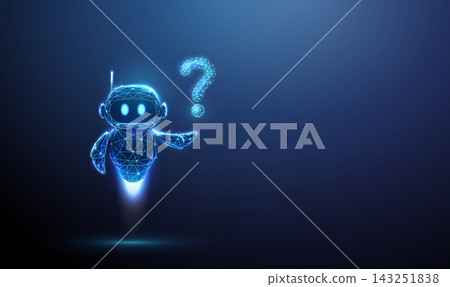 3D blue robot with a question mark. Question, help support, problem solving, customer service, faq information, knowledge query, decision help, smart answer concept 3D blue robot with a question mark. Question, help support, problem solving, customer service, faq information, knowledge query, decision help, smart answer concept 143251838