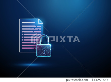 3D blue document and lock. Data security, file privacy, document protection, confidential access, encryption, cyber defense, firewall, safety concept 3D blue document and lock. Data security, file privacy, document protection, confidential access, encryption, cyber defense, firewall, safety concept 143251864