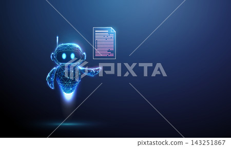 3D blue robot holding a document. Ai assistant, document automation, virtual agent, machine learning, robotic process, paperwork, efficiency, innovation concept 3D blue robot holding a document. Ai assistant, document automation, virtual agent, machine learning, robotic process, paperwork, efficiency, innovation concept 143251867