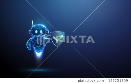 3D blue robot holding a shield with green tick. Cybersecurity, data protection, verified safety, antivirus defense, privacy guard, trusted secure approval concept 3D blue robot holding a shield with green tick. Cybersecurity, data protection, verified safety, antivirus defense, privacy guard, trusted secure approval concept 143251899