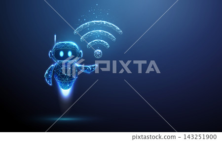 3D blue robot with a wifi symbol. Wireless network, internet link, online signal, hotspot access, communication technology, data streaming, connectivity concept 3D blue robot with a wifi symbol. Wireless network, internet link, online signal, hotspot access, communication technology, data streaming, connectivity concept 143251900