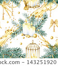 Watercolor Christmas seamless pattern with burning candles, gold birdcages, fir branches and abstract splashes on white background. Elegant holiday winter wrapping paper, packaging, textile design 143251920