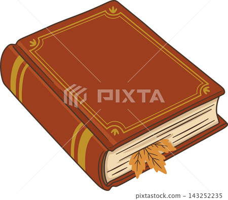 Vintage Closed Autumn Book Illustration, Retro Hardcover Book with Oak Leaf Bookmark and Gold Foil Frame Corner Details, Cozy Fall Reading Element Isolated on Transparent Background Vintage Closed Autumn Book Illustration, Retro Hardcover Book with Oak Leaf Bookmark and Gold Foil Frame Corner Details, Cozy Fall Reading Element Isolated on Transparent Background 143252235