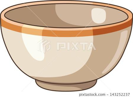 Illustration of a Ceramic Bowl with an Orange Rim, Isolated Empty Cream Colored Kitchenware Object for Food and Dining Design Concepts  143252237