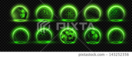 Green glowing shield protecting light ball with energy barrier sphere. Yellow neon force field circle for safety and protection. 3D security technology concept with glowing sphere. Green glowing shield protecting light ball with energy barrier sphere. Yellow neon force field circle for safety and protection. 3D security technology concept with glowing sphere. 143252356