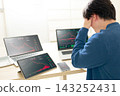 A young man holds his head in his hands as he looks at the downward trending charts displayed on multiple devices. 143252431