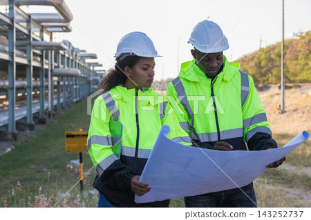 Engineer survey team checking construction project inspection work construction site Engineer survey team checking construction project inspection work construction site 143252737