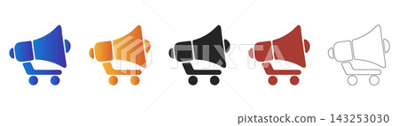 Large megaphone with shopping cart icon promotional set 143253030