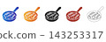 Frying pan with bacon and egg icon set 143253317