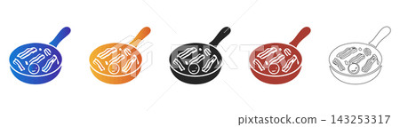 Frying pan with bacon and egg icon set Frying pan with bacon and egg icon set 143253317