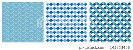 A seamless pattern set of blue Moroccan tile designs (two types: line drawing and filled). A seamless pattern set of blue Moroccan tile designs (two types: line drawing and filled). 143253496