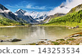 Mount Belukha the highest peak of Siberia part of the Katun range in Altai mountains and Akkem Lake on foreground 143253534