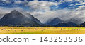 Flocks of sheep graze on wide pastures at the foot of the Southern Alps in New Zealand 143253536
