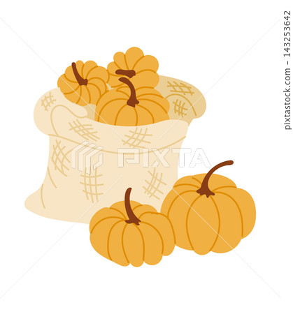 Illustration of a burlap sack filled with small orange pumpkins, with additional pumpkins placed beside the sack on a white background Illustration of a burlap sack filled with small orange pumpkins, with additional pumpkins placed beside the sack on a white background 143253642