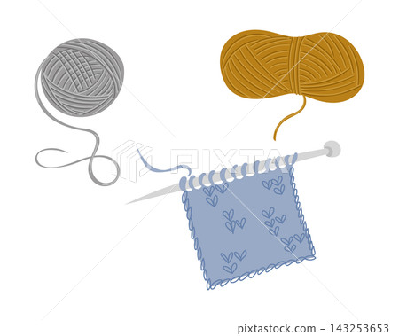 Knitting set includes gray and yellow yarn balls, a blue knitted swatch with heart designs, and knitting needles arranged on a white background Knitting set includes gray and yellow yarn balls, a blue knitted swatch with heart designs, and knitting needles arranged on a white background 143253653