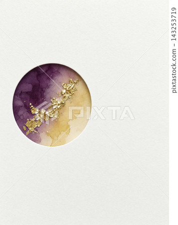 A white washi paper background with purple and yellow watercolors and gold leaf peeking through a circular window on the left. A white washi paper background with purple and yellow watercolors and gold leaf peeking through a circular window on the left. 143253719
