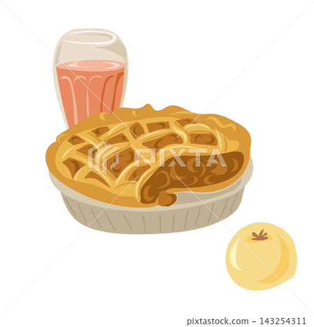 Autumn apple pie with a golden crust served alongside a glass of pink beverage and a whole apple on a white background, perfect for seasonal dessert displays Autumn apple pie with a golden crust served alongside a glass of pink beverage and a whole apple on a white background, perfect for seasonal dessert displays 143254311