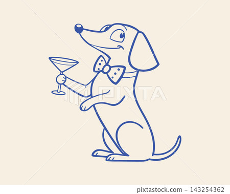 Dachshund Dog with Bow Tie Holding Martini Glass. Line Art Illustration. Dachshund Dog with Bow Tie Holding Martini Glass. Line Art Illustration. 143254362