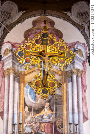 Fifteenth century wooden crucifix inside the Basilica of San Petronio in Bologna Italy Fifteenth century wooden crucifix inside the Basilica of San Petronio in Bologna Italy 143254371