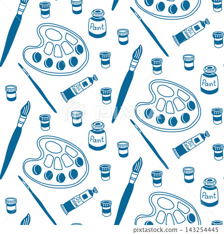 Repeating blue and white pattern featuring artist palettes, paintbrushes, paint tubes, and jars in a seamless painter supplies illustration Repeating blue and white pattern featuring artist palettes, paintbrushes, paint tubes, and jars in a seamless painter supplies illustration 143254445