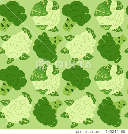 Cabbage pattern illustration featuring stylized broccoli and cauliflower on a light green background, showcasing vibrant colors and distinct shapes for decorative use Cabbage pattern illustration featuring stylized broccoli and cauliflower on a light green background, showcasing vibrant colors and distinct shapes for decorative use 143254460