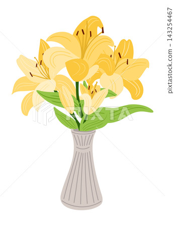 Yellow lily bunch in a gray vase with green leaves, showcasing vibrant floral arrangement against a clean white background for decorative purposes Yellow lily bunch in a gray vase with green leaves, showcasing vibrant floral arrangement against a clean white background for decorative purposes 143254467